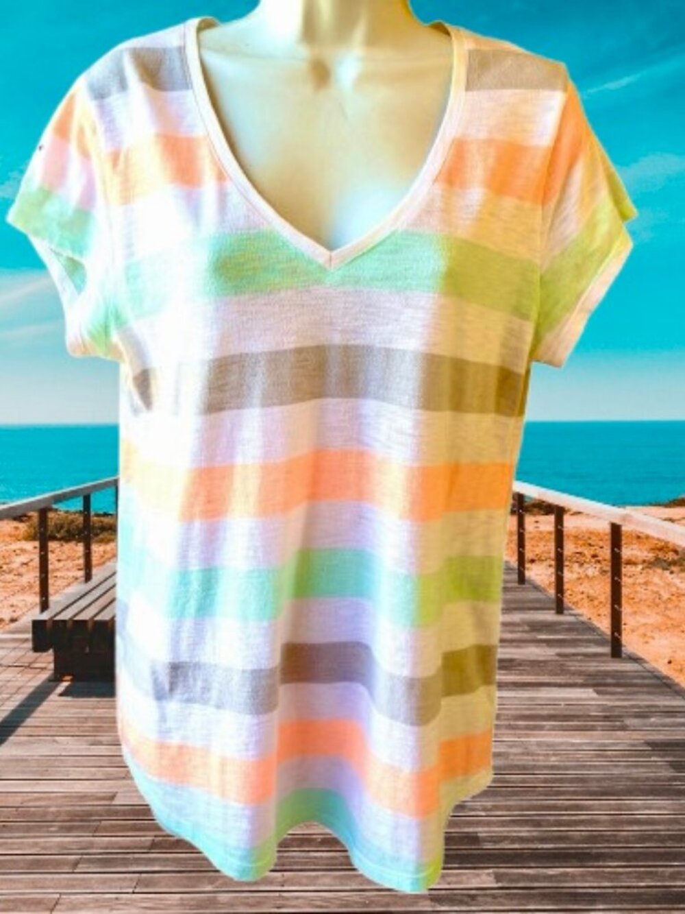 Gap Striped V-Neck Short Sleeve Tee Shirt Top Easy Comfort Womens Large